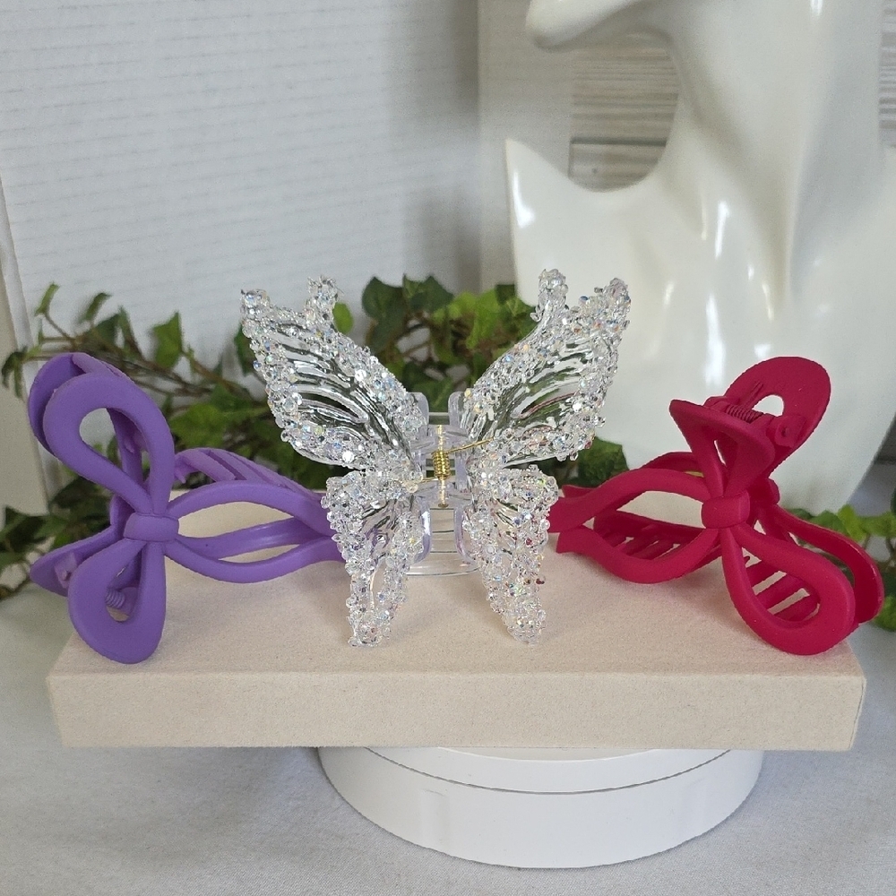 Set of 3 Claw Hair Clips Pink Bow Purple Bow Iridescent Clear Butterfly